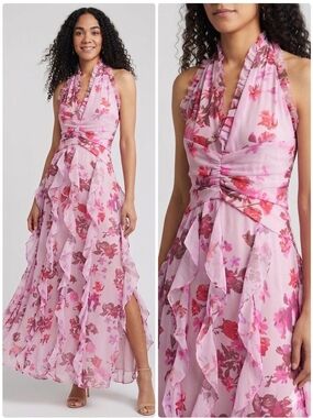 NWT Floral Ruffled Halter Maxi Dress in Pink